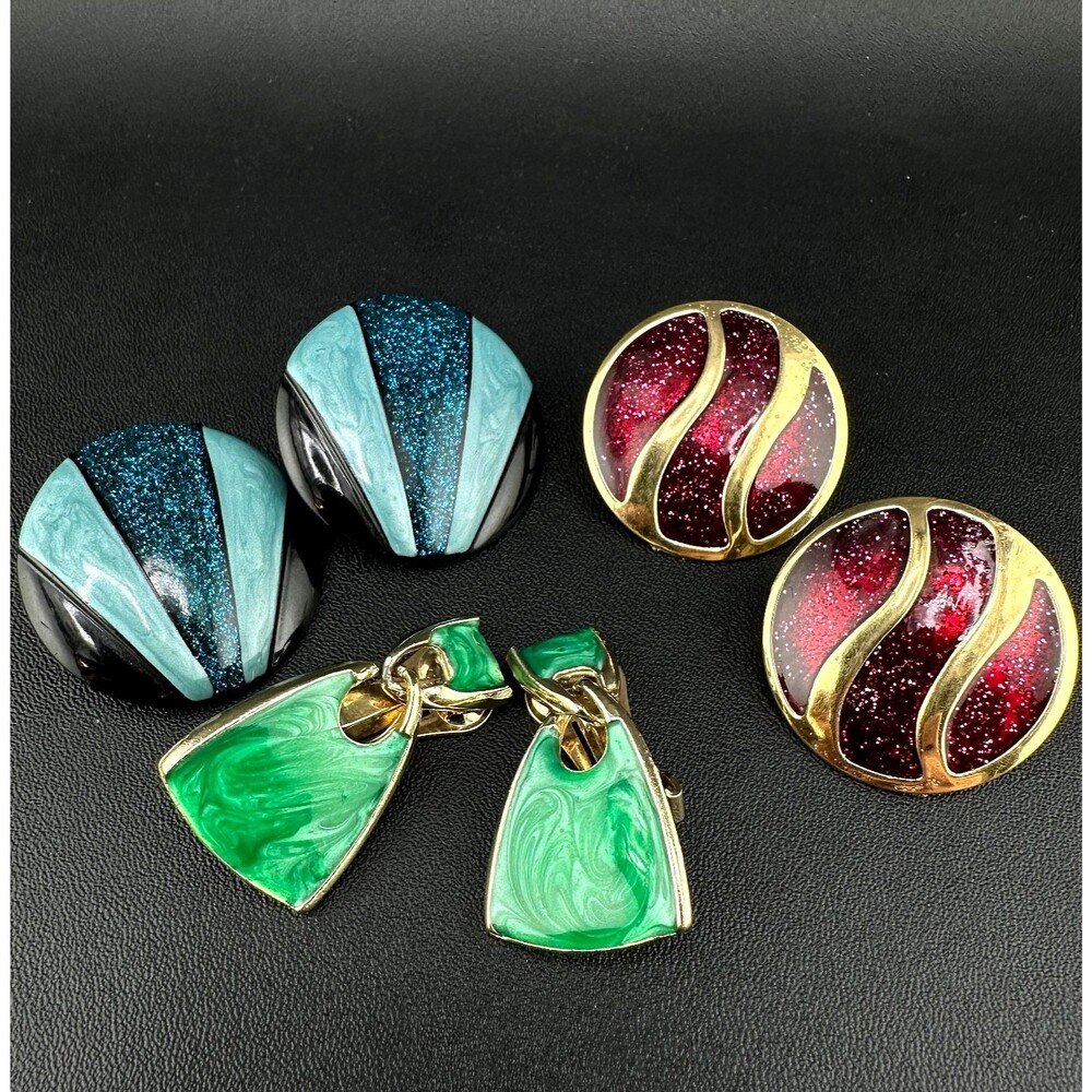 Vintage Enamel Earrings Lot Clip On Glitter Iridescent Blue Red Green 1 Signed